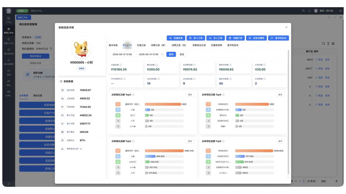 趣陪客户管理演示环境实景